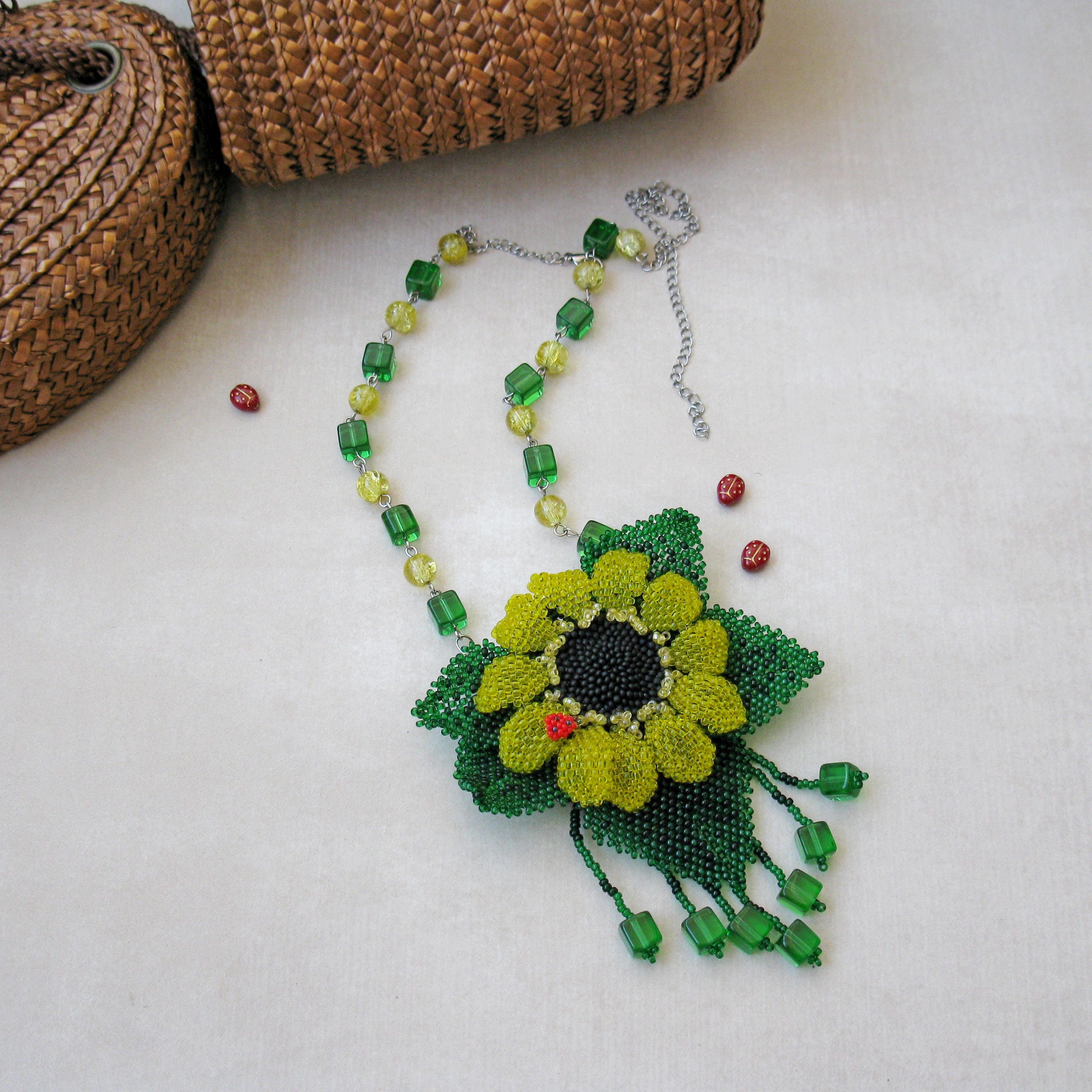 Sunflower seed bead necklace rustic Flower Beaded pendant