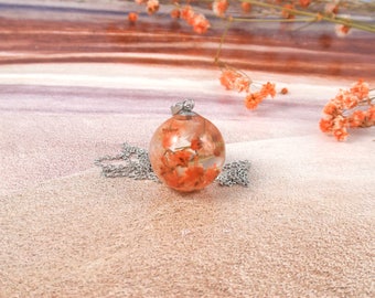 Real Flower sphere necklace, Resin jewelry, Botanical jewelry, resin necklace, Pressed flower pendant, Orb Flower Necklace, Orange flower