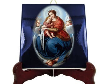 Virgin Mary art - Religious gifts - Virgin and Child - religious icon on tile - Madonna and Child from a religious painting by Sassoferrato