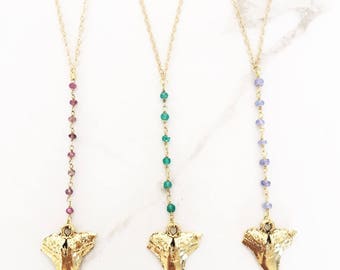 Gold Shark Tooth Necklace, Boho Summer Necklace, Sharktooth Necklace, Beachy Necklace, Layering Necklace, Gold Y Necklace, Lariat Necklace
