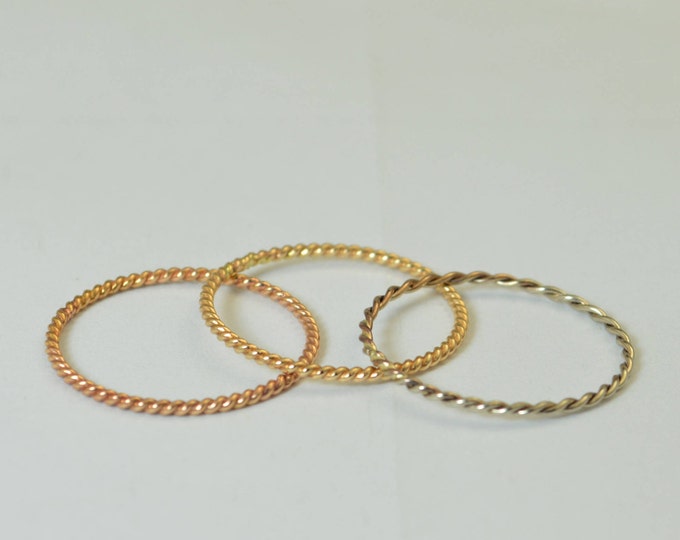 Set of 3 14k Gold Rings, Rose Gold, Yellow Gold, White Gold, Thin Stacking Ring Set, Spiral Rings, 3 Ring Set, Unique Wedding Ring Set