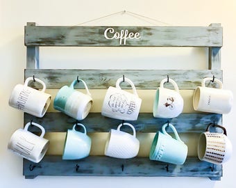 Coffee cup rack, coffee cup holder, wedding gift, housewarming gift, kitchen decor, mug rack, rustic decor, farmhouse kitchen, barista