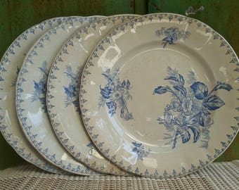 Ensemble de 4 assiettes plates U&cie Sarreguemines Modèle Flore bleu