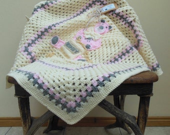 Hand Crocheted Baby Blanket, Afghan Cream, Pink & Grey Wool Ideal for Baby Bedding, Pram, Crib, Car Seat, Baby Wrap, Bear Baby Shower Gift