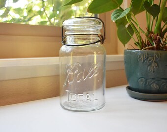 Ball Ideal Jar - Quart Size - Ball Mason Jar - Clear Glass Mason Jar with Glass Lid (1923-1933 Logo)