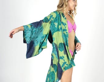 Kimono, Boho Kimono, Bohemian, Kimono Cardigan, Kimono Jacket, Swimsuit Cover up, Festival Clothing, Coverup, Blue Green, Gypsy, Hippie