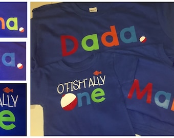 oFISHally One Shirt - One. - Family shirts - fishing theme - birthday party - fishing bobber - Set of Shirts for Kids, Babies, and Adults