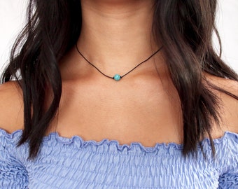 turquoise natural stone beaded choker - turquoise bead, black cord, minimal, delicate, dainty