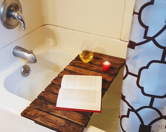 Rustic bath tray, made from reclaimed pallet lumber with built in stemmed wine glass holder