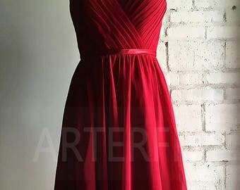 Bridesmaid Dress Raspberry Chiffons, Lovly Prom Dress,V Neck Dress ,Cocktail dress