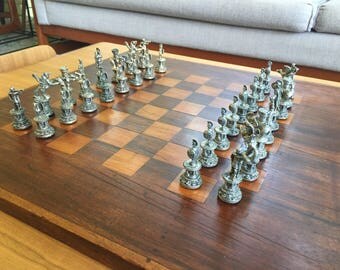 Vintage Chess Set Wooden Board With Cast Metal Pieces Etruscan Roman Theme Vintage Chess Set Wooden Board With Cast Metal Pieces Etruscan Roman Theme