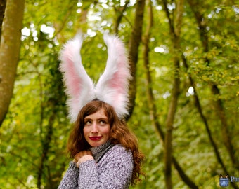White Rabbit Ear & Tail Set! Huge High Realistic Bunny Pink Inside Ears and Cute Little Fluffy Tail Custom Colour Judy Hopps Big Dramatic