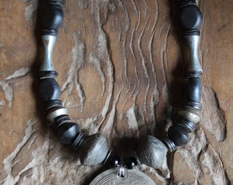 CELTIC disc. Artisan necklace with unique pendant and spindle whorl beads. African tribal influence. designer OOAK