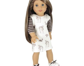 Fits Like American Girl Doll Clothes. Cream and Brown Deer and Squirrel Knit Dress.