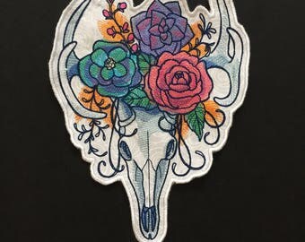 Embroidered Deer Skull Iron on Patch, Skull Patch, Jacket Patch, Jeans Patch, Deer Skull Patch, Large Patch, Urban Patch, Biker Patch