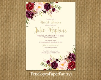 Elegant Fall Bridal Shower Invitation,Ivory,Burgundy,Marsala,Blush,Gold Print,Shimmery,Personalize,Printed Invitation,Ivory Envelopes