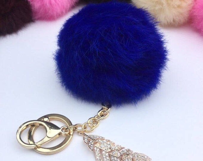 Customer request inspired BLUE fur pom pom keychain Rabbit real fur puff ball