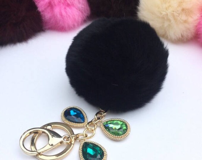 Customer request inspired BLACK fur pom pom keychain Rabbit real fur puff ball