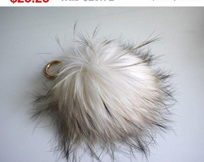 Ivory with natural markings Raccoon Fur Pom Pom luxury bag pendant + black flower clover charm keychain or strap and buckle