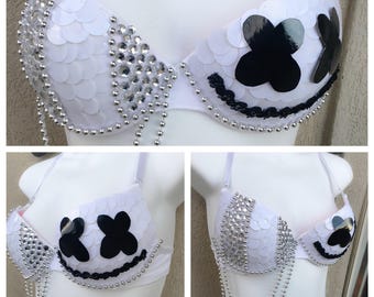 Rave Bra Marshmellow - Rave Bra - Rave Top, Marsh Dj bra, Festival Bra Top, White Rave Bra, Rhinestones
