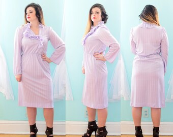 Vintage 1980s Lavender Purple Knee Length Dress Bridesmaid Wedding Guest Cocktail Evening Party Large L XLarge XL Plus Size 12 14 16 1x