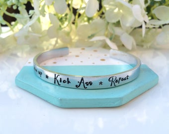 Quote jewelry, wake up kick ass repeat, motivational jewelry, gift for friend, best friend gift, coworker gift,