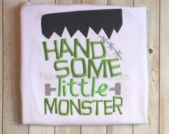 Handsome Little Monster Embroidered Halloween Shirt - Boy's Halloween top - Embroidered fall or Halloween t-shirt - Frankenstein Boy Shirt
