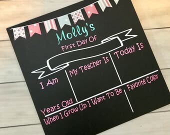 1st day of school chalkboard- first day of school sign- chalkboard- personalized school chalkboard- back to school- pink/mint banner