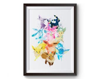 Pokemon Eevolution Eevee Jolteon Vaporeon Flareon Umbreon Sylveon Espeon Leafeon Glaceon Watercolor Print