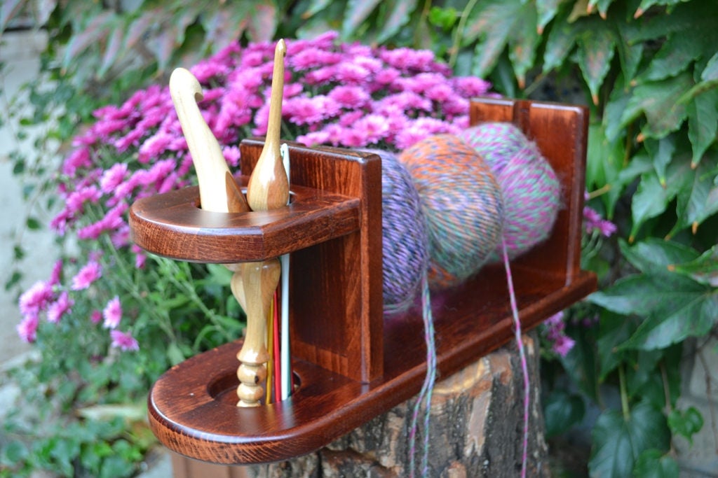 Handmade wooden yarn holder, Knitting and crochet supplies organizer
