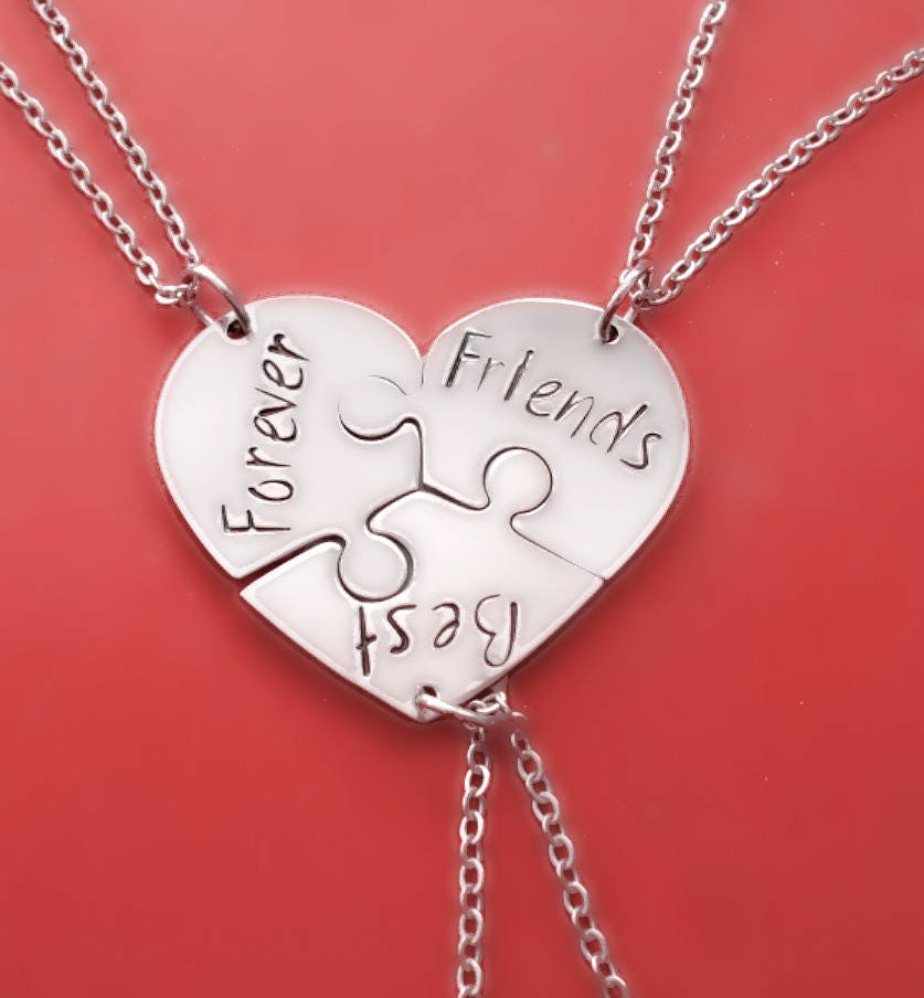 Stainless Steel 3 BFF Puzzle Piece Heart Necklace Set Hand