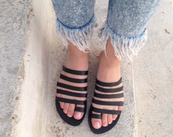 Black Greek Strappy Gladiator Sandals, Greek Strappy Slip on sandals, Greek Flats, Leather Sandals, Beach Wedding Sandals, Black flat sandal