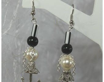 Nautical Blue & White Pearl Dangly Earrings – Anchor Charm – Silver Plated, Handmade In UK
