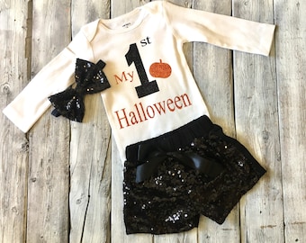 Girls My First Halloween outfit, first halloween outfit, 1st halloween onesie, baby girl halloween outfit, black orange, pumpkin outfit