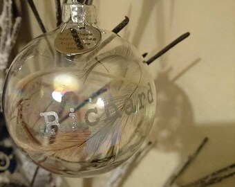 feathers appear when angels are near personalized glass bauble / glass ball / animal friendly feather / cruelty free / remembrance
