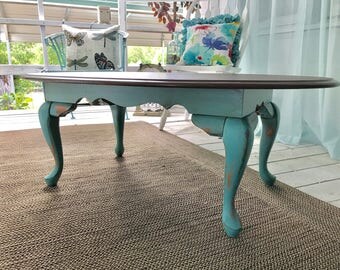 Turquoise Distressed Coffee Table ~ Farmhouse Style ~ Shabby Chic Coffee Table ~