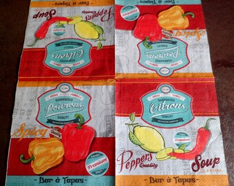 Peppers 3 paper napkins, paper towel tapas, vintage paper towel
