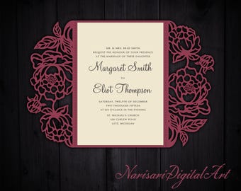 Peonies cut Wedding invitation, 5x7 Gate fold Card Template, Quinceanera Invitation, SVG cutting file, Silhouette Cameo, Cricut