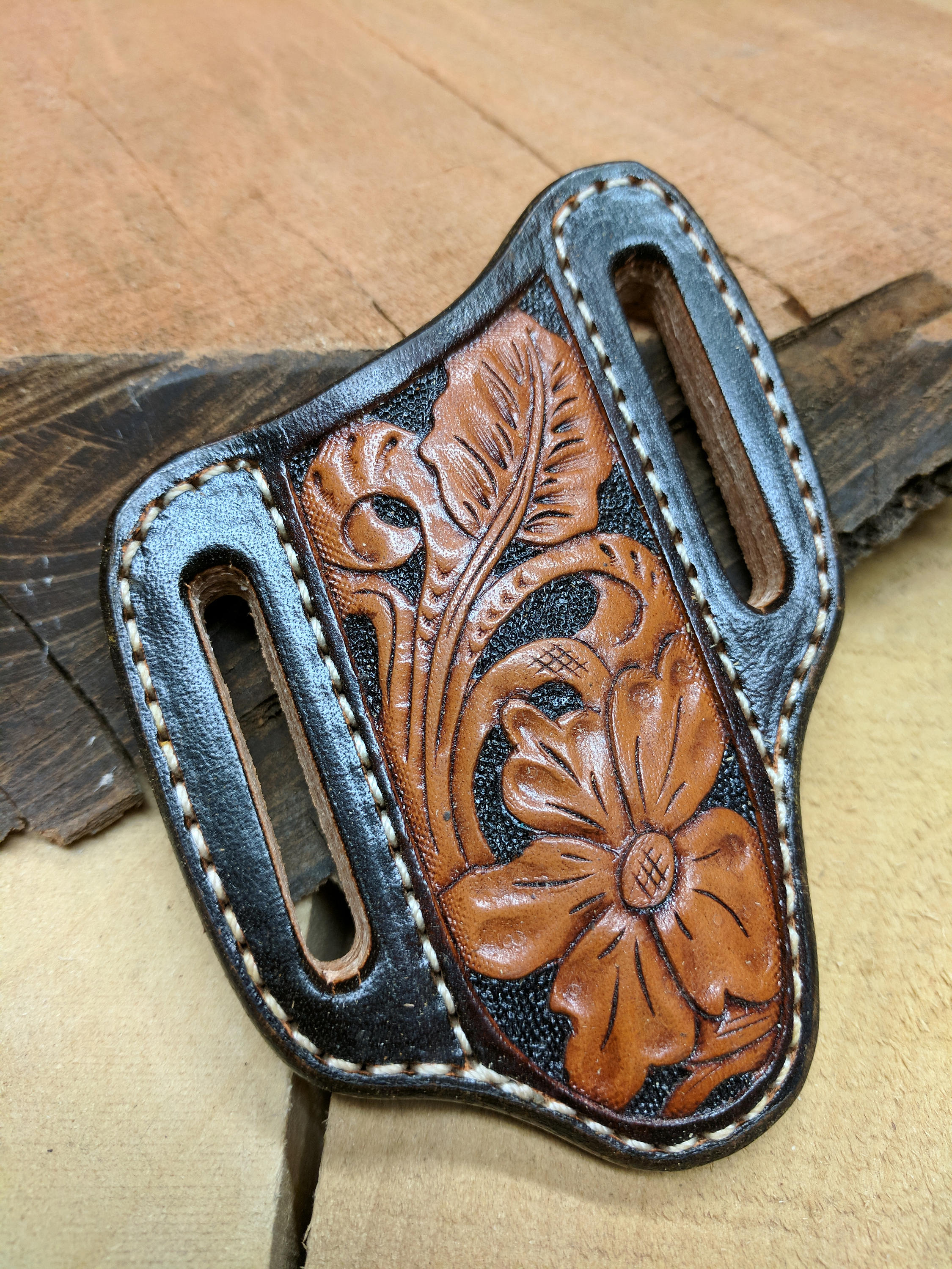 Tooled Leather Pocket Knife Scabbard Flower Art