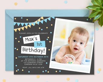 1st birthday invitation boys (Digital File) // I customise for you to print // Blue and yellow bunting and confetti personalised with Photo.