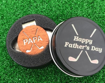 Fathers Day "PAPA" MAHOGANY Wood golf ball marker hat clip with OPTIONAL tin