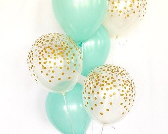 Mint and Gold Confetti Latex Balloons~Baby Shower~Bridal Shower Balloons~Mint Balloons~Clear with Gold Confetti Look Balloon~ Birthday Party