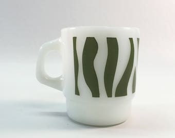 Vintage Green Zebra Stripes Milk Glass Mug Anchor Hocking Fire King