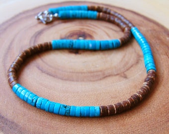 Men's coco shell necklace,Men's Turquoise necklace,Men's beaded necklace,Surfer necklace,Men's surfer necklace,Bohemian men's necklace