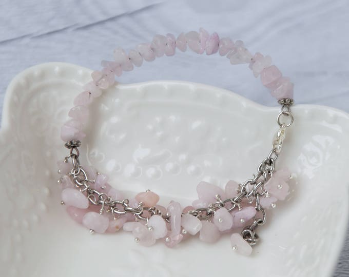 Rose quartz jewelry, Rose quartz bracelet, Raw stone jewelry, Cluster bracelet, Birthday present for women, Pink crystal bracelet