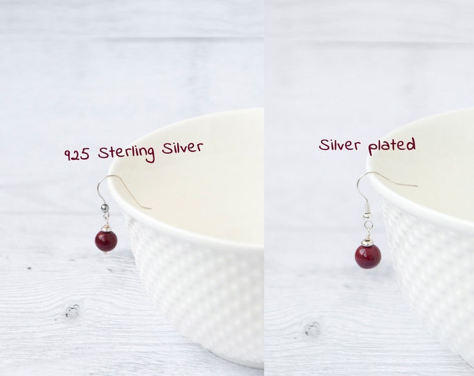 Dark red earrings, Wine earrings, Ruby red earrings, Red ball earrings, Small red earrings / 925 sterling silver ear wires