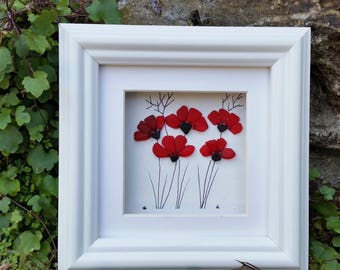 Sea Glass Art, Stained Sea Glass Poppies, Anniversary, Wall Art, Mother's Day, Cornish Pebble Art, Birthday Gift, Picture Frames, Mosaics