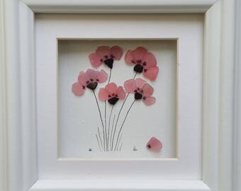 Sea Glass Art, Abstract, Stained Glass Poppies, Birthday, Anniversary Gift, Cornish Pebble Art, Beach Art, Wall Art, Mosaics, Stained Glass,