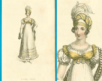 Antique 1818 Regency Ackermann fashion print yellow bodice gown turban shawl