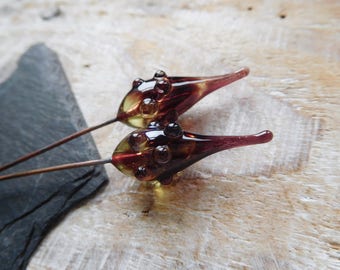 RESERVED * VICTORIA * Lampwork headpins, purple and yellow beads on stems, artisan lampwork, handmade.